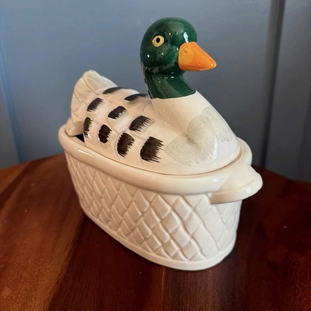 Vintage Duck on a Basket Tureen Ceramic‎ Mallard Cottagecore Farmhouse Japan